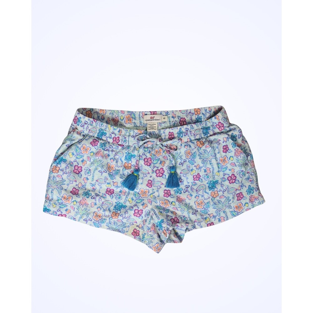 Vineyard Vines Womens XS Blue Tropical Flamingo Tassel Drawstring Cotton Shorts